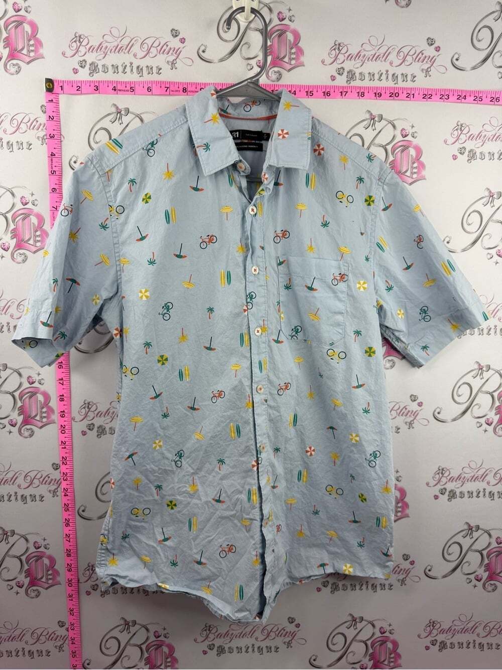 Simons shirt beach tiki Light Blue Short Sleeve Button-Up with Beach Icons
